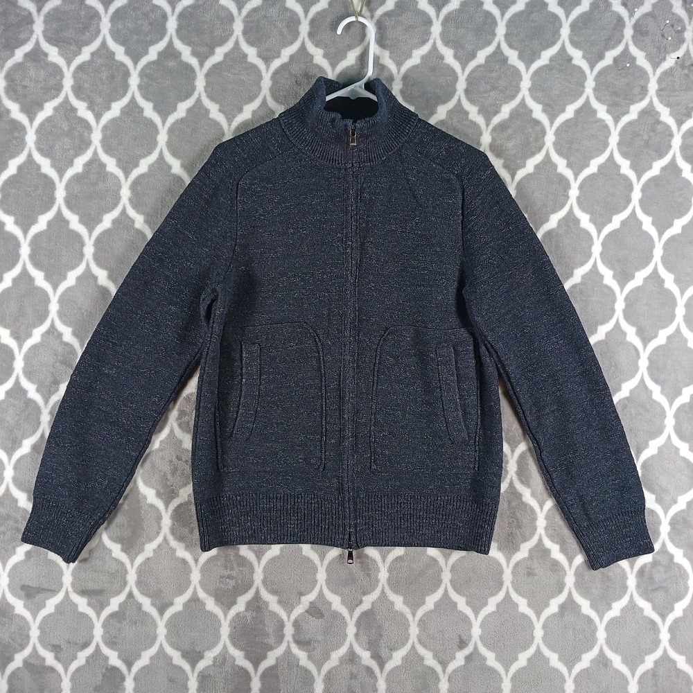 Banana Republic Full Zip Sweater Men Medium Gray Mock Neck Marled Preppy Cotton